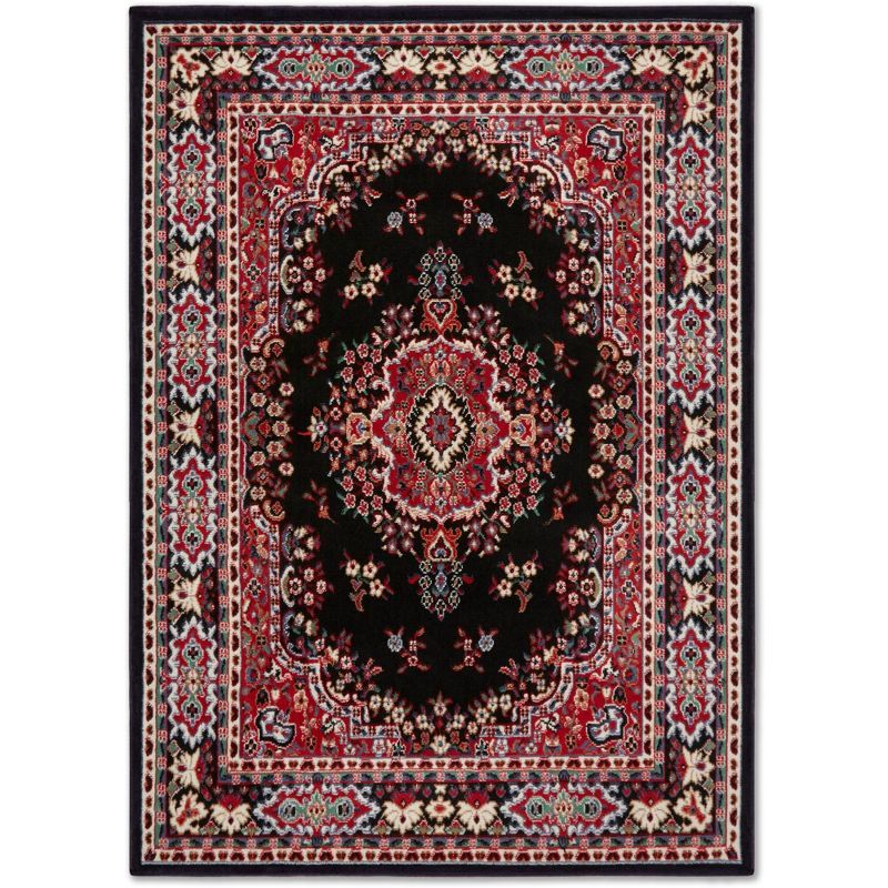 Black and Red Traditional Medallion Area Rug with Jute Backing