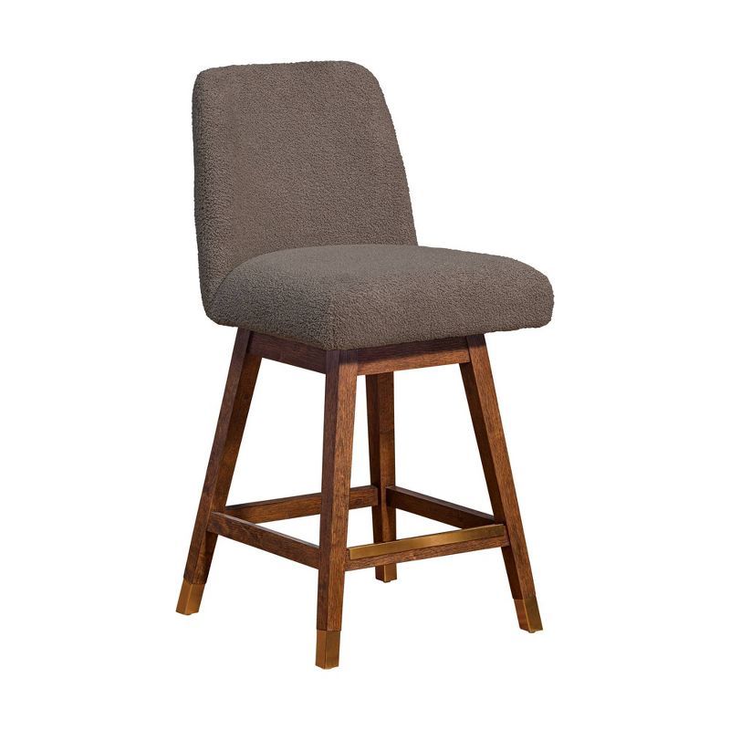 Brown Oak Wood Swivel Counter Stool with Taupe Boucle Fabric