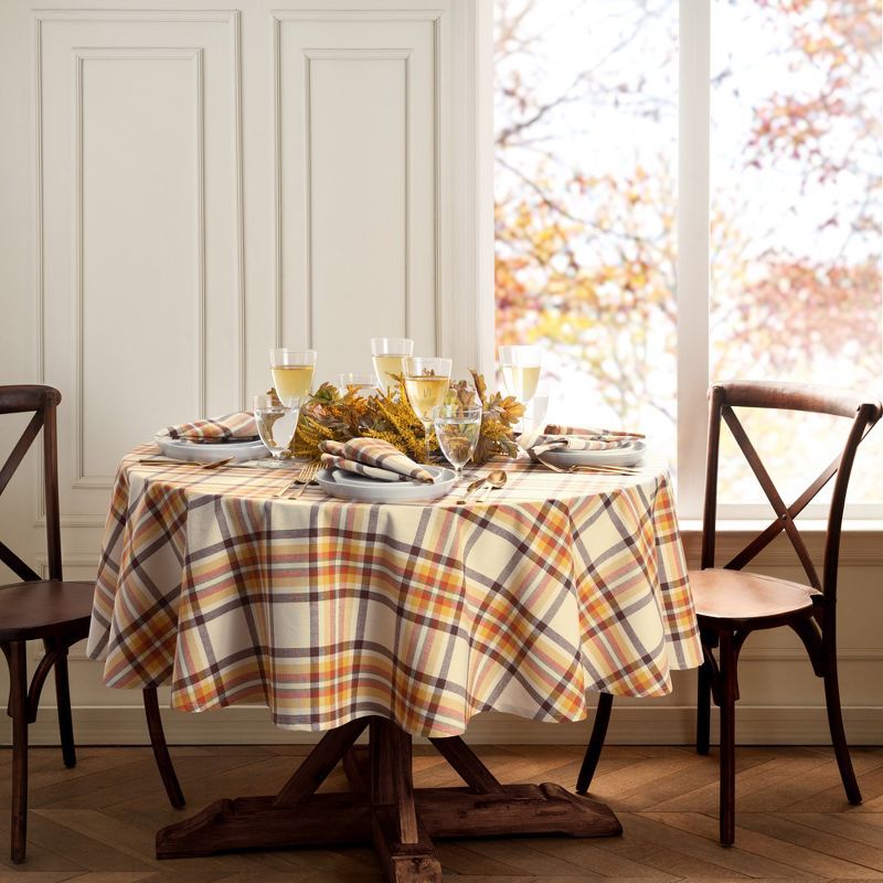 Russet Harvest Plaid Cotton Round Tablecloth for Fall