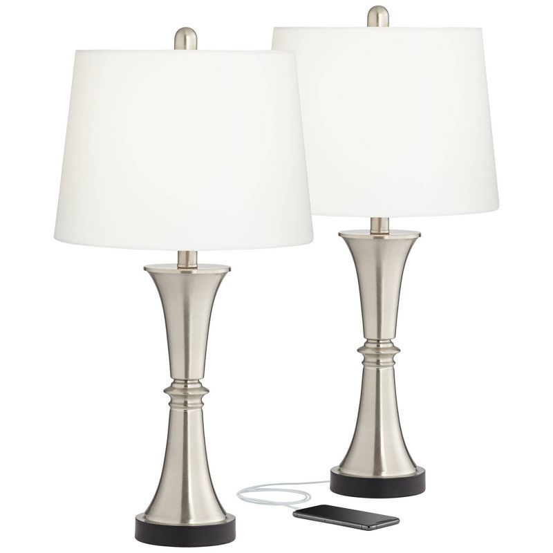 Silver Touch Table Lamps with White Drum Shades and USB Ports, Set of 2