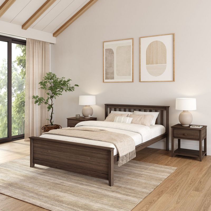 Walnut Pine Queen Bed Frame with Slatted Headboard