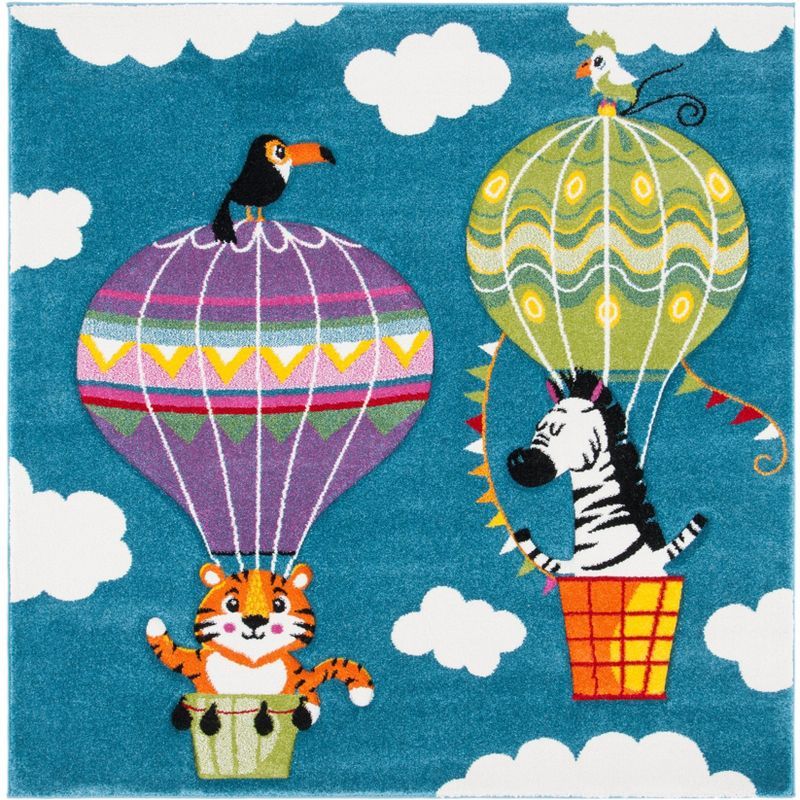 Blue and Green Square Kids' Hot Air Balloon Rug