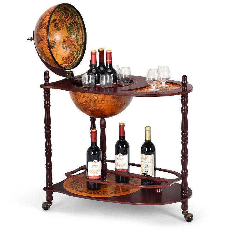 Costway Dark Wood Globe Wine Bar Stand with Painted Finish