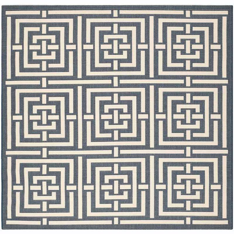 Navy and Beige Geometric Square Indoor/Outdoor Rug