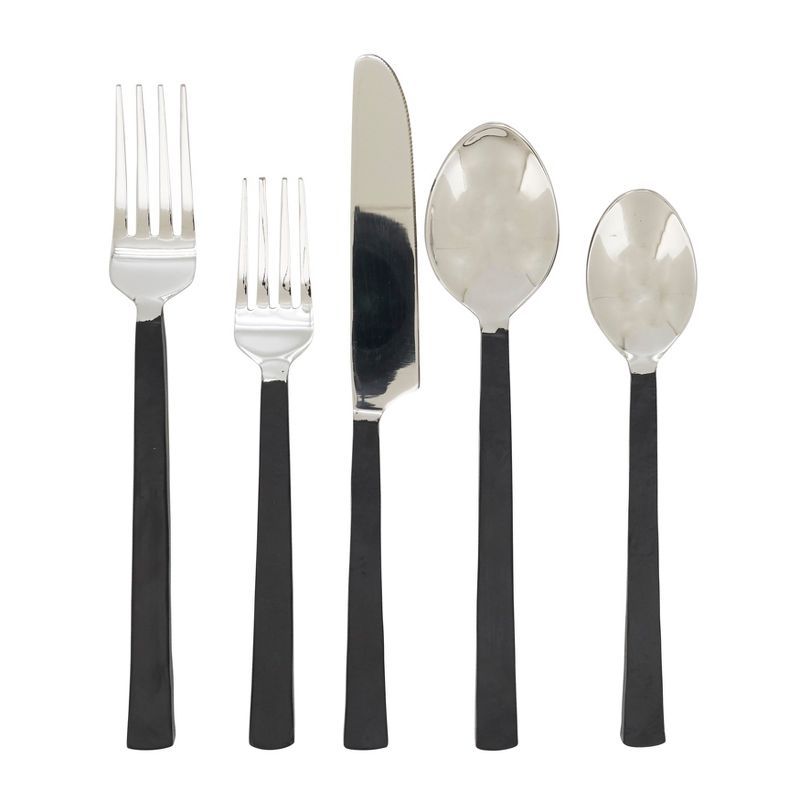 Black and Silver Stainless Steel Flat Handle Flatware Set of 5