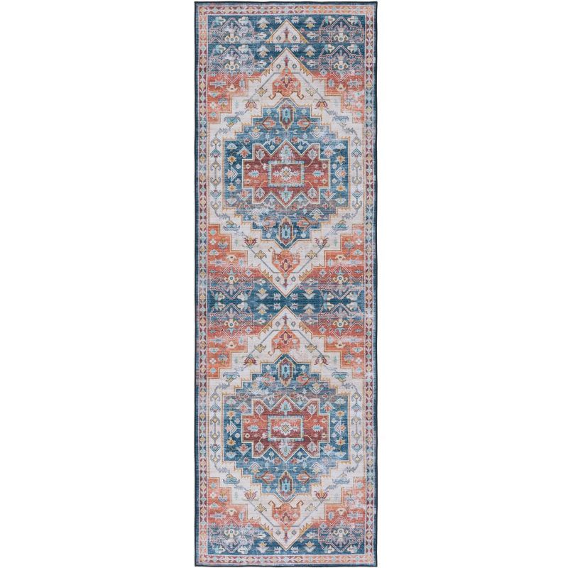 Tucson Blue and Rust Machine Washable Runner Rug