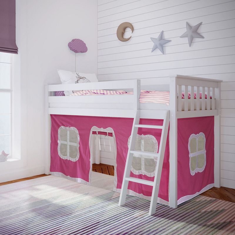 White Twin Low Loft Bed with Pink Curtains and Pine Frame