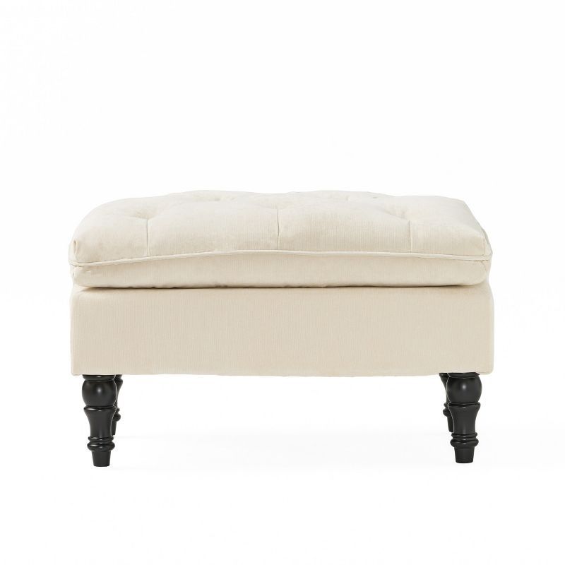 Cream Tufted Fabric Rectangular Ottoman with Turned Legs