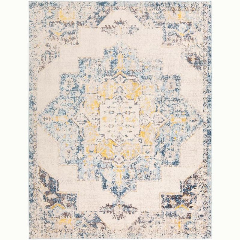 Gard Sky Blue and Yellow Synthetic Round Area Rug 7'10" x 10'3"