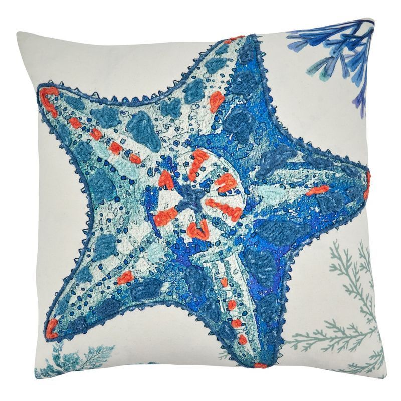 Coastal Embroidered Starfish Square Throw Pillow