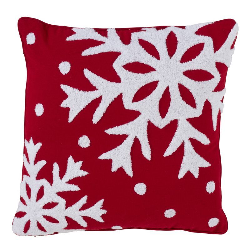 Red and White Snowflake Cotton Blend Square Pillow