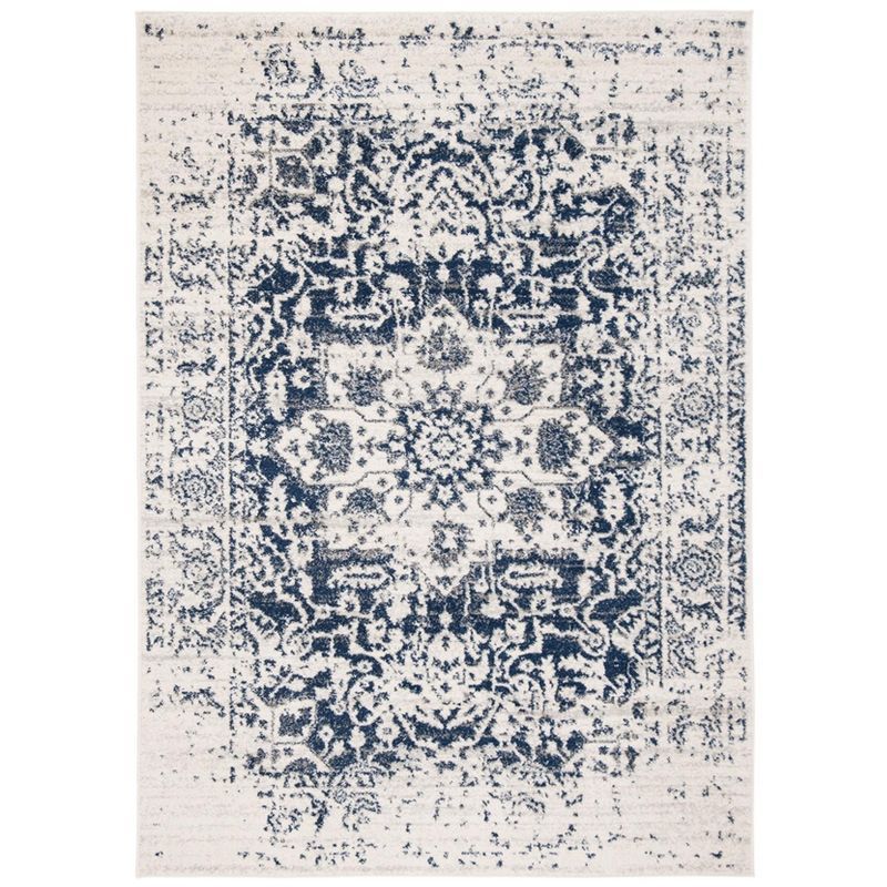 Ivory and Navy Synthetic Stain-Resistant Area Rug