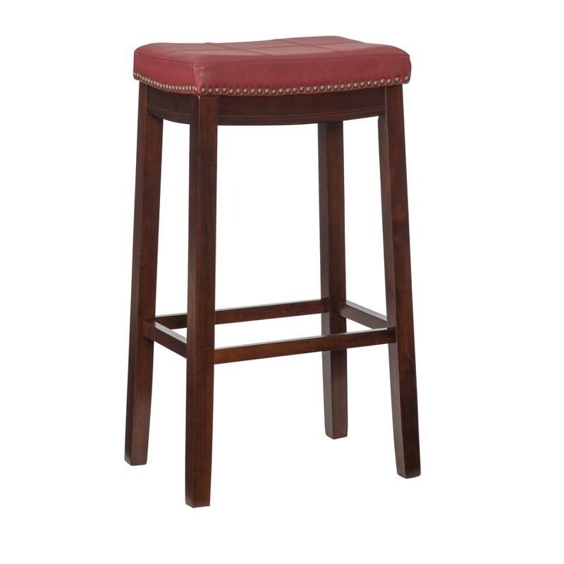 32" Dark Brown Wood Barstool with Red Faux Leather Saddle Seat