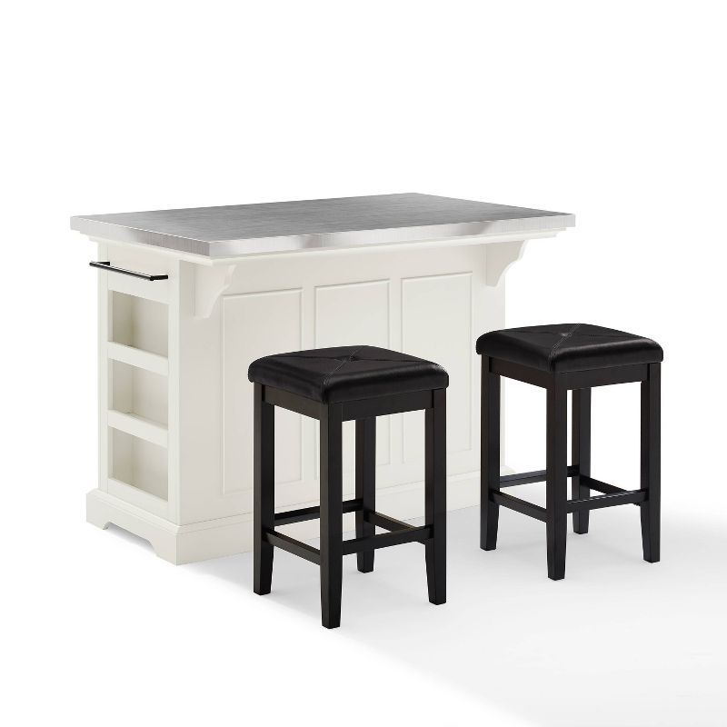 Elegant Julia White and Black Kitchen Island Set with Stainless Steel Top and Upholstered Stools