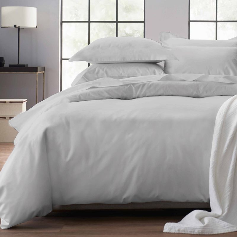 Light Grey Queen Cotton Sateen Duvet Cover Set with Button Closure