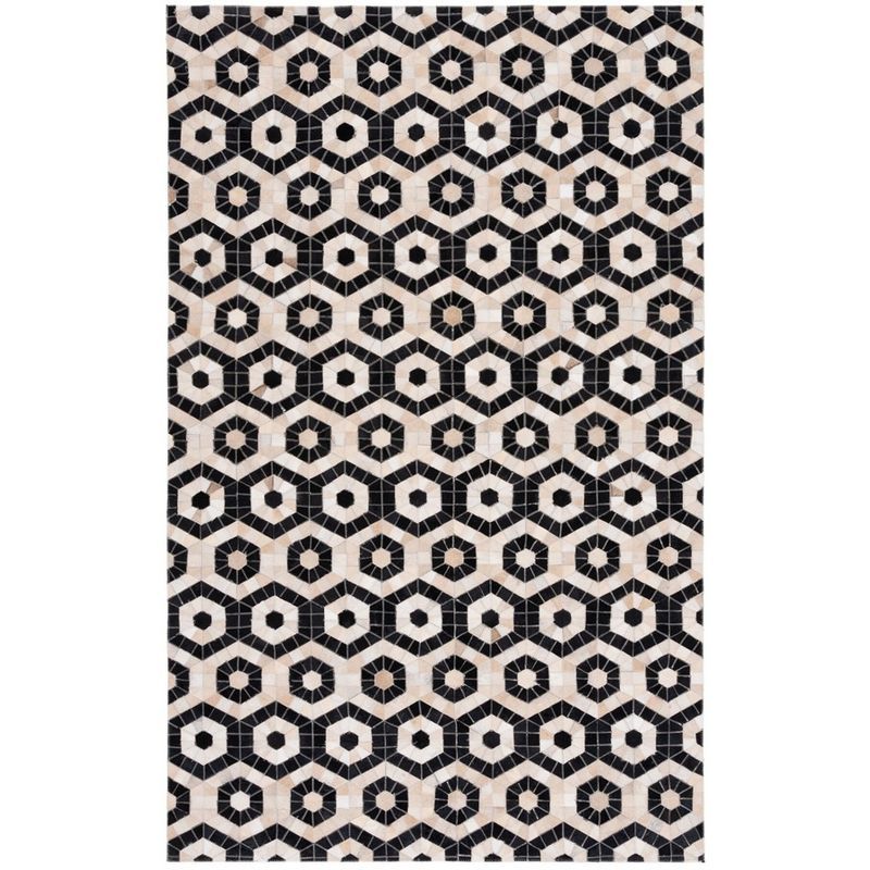 Hand-Stitched Geometric Black Cowhide 4' x 6' Area Rug