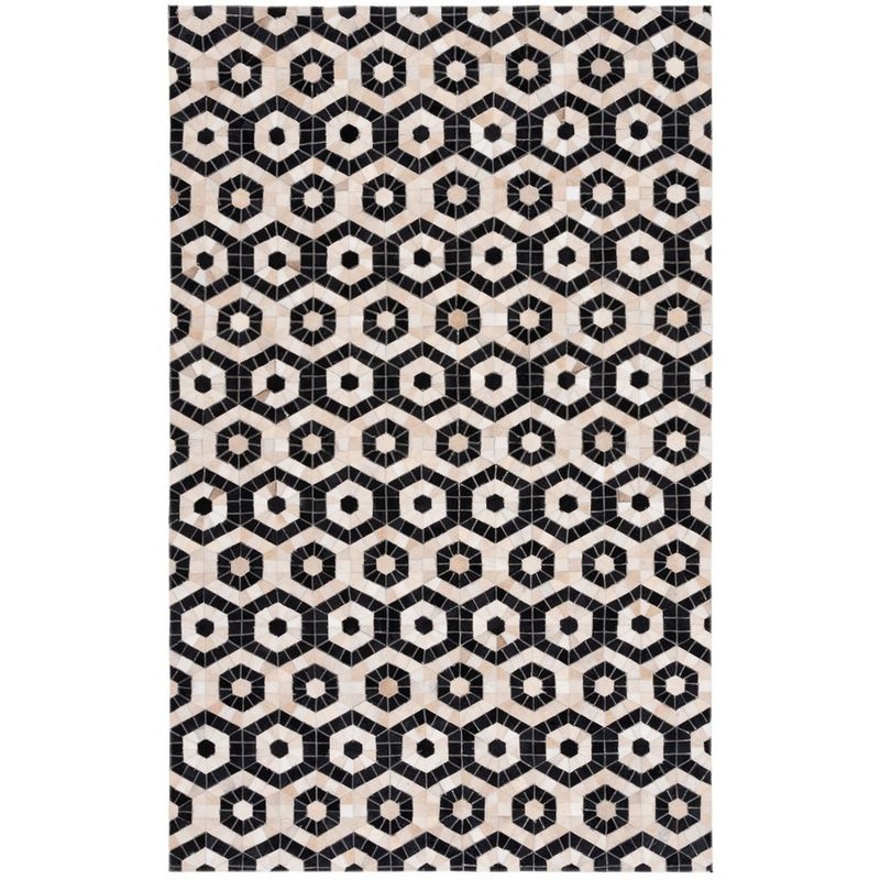 Black and Beige Geometric Handmade Cowhide Area Rug