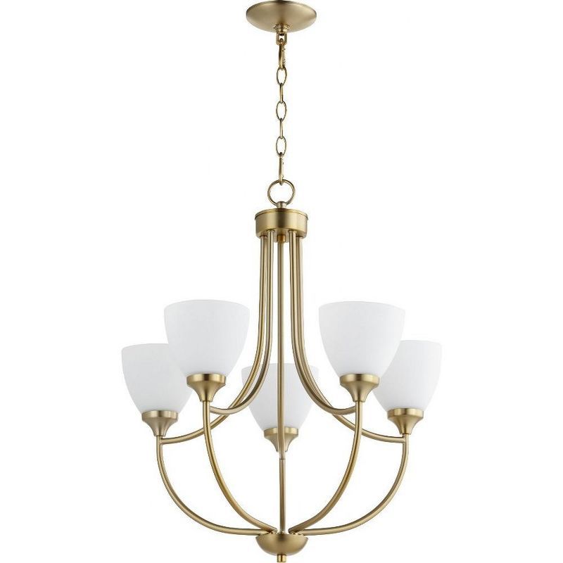 Aged Brass and Satin Opal Glass 5-Light Chandelier