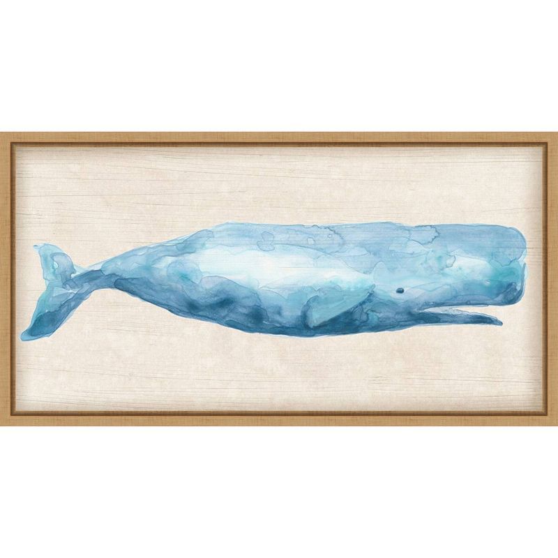 Rustic Whale I Blue Watercolor Canvas Print with Maple Frame