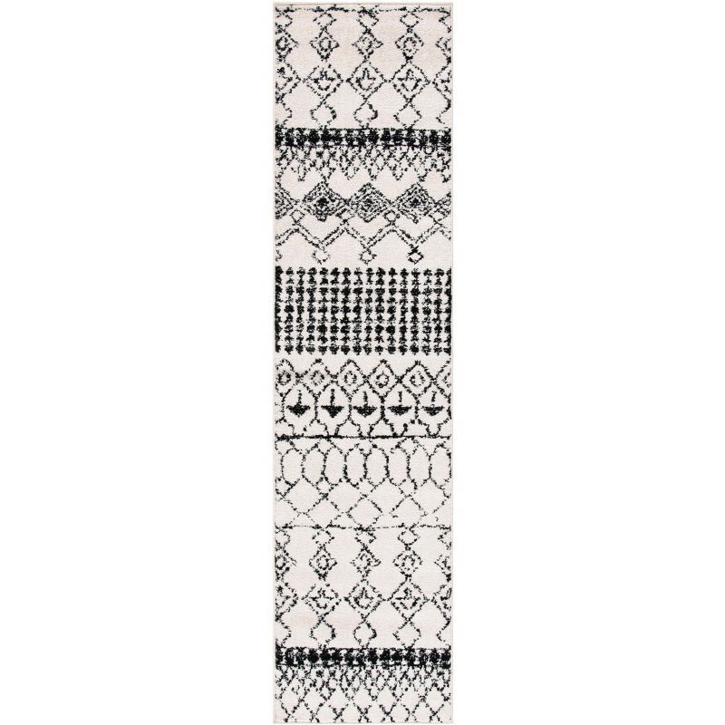 Ivory & Black Moroccan Boho Synthetic 2' x 9' Runner Rug