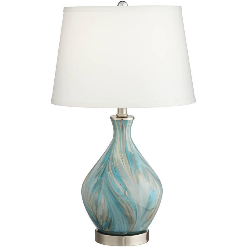 Blue Gray Art Glass Table Lamp with White Drum Shade