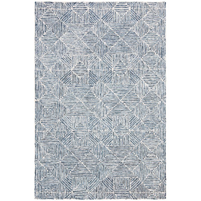 Blue and Ivory Geometric Hand-Tufted Wool Area Rug, 3' x 5'