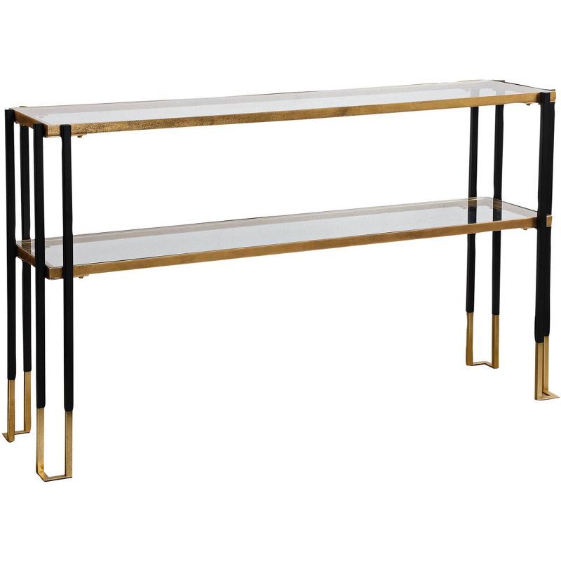 Contemporary Black and Gold Rectangular Console Table with Tempered Glass Shelf