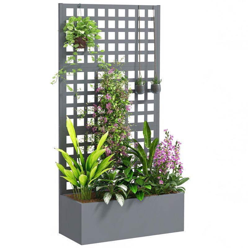 Gray Galvanized Metal Raised Garden Bed with Trellis, 35" x 16" x 70"