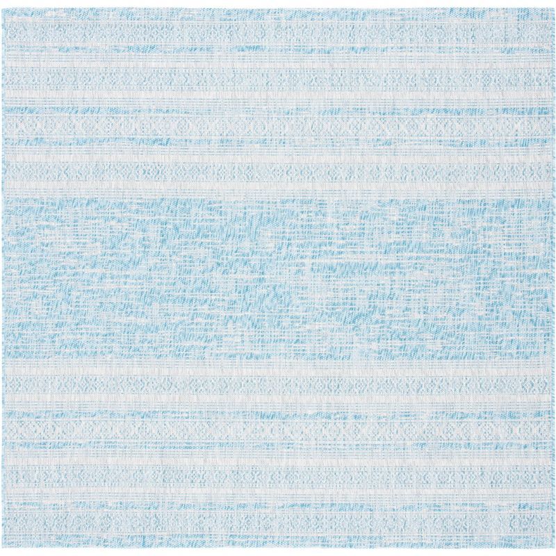 Aqua and Grey Synthetic 6'7" Square Non-Slip Outdoor Rug