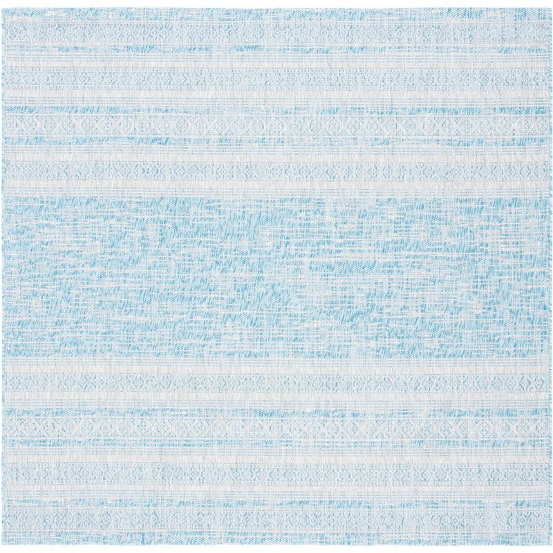 Aqua and Grey Synthetic 6'7" Square Non-Slip Outdoor Rug