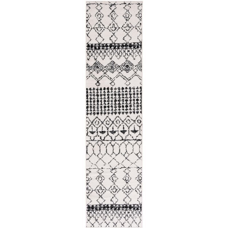 Ivory and Black Synthetic Moroccan Runner Rug, 2' x 11'