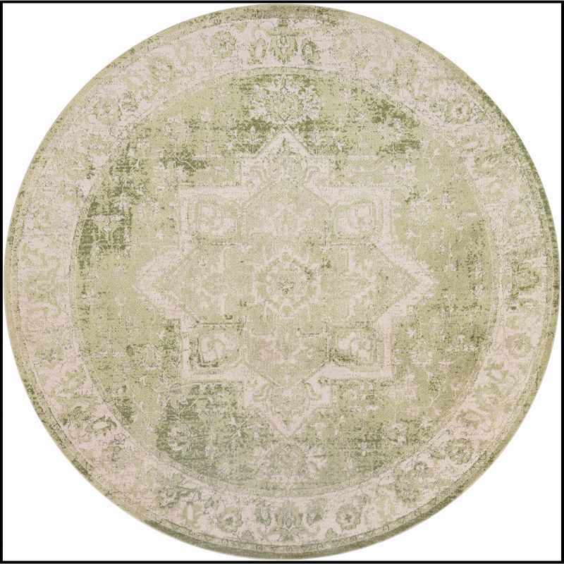 Ivory Green Round Synthetic Medallion Washable Rug 5'3"