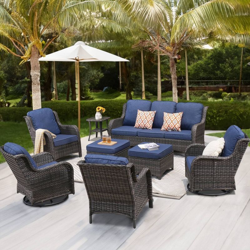 Orlando 8-Piece Denim Blue Cushioned Wicker Patio Sofa Set