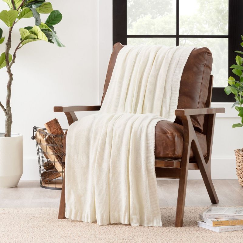 Off-White Chenille Knit Textured Throw Blanket with Tassels