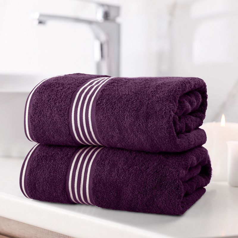 Oversized Purple Cotton Bath Towel Set with Stripes