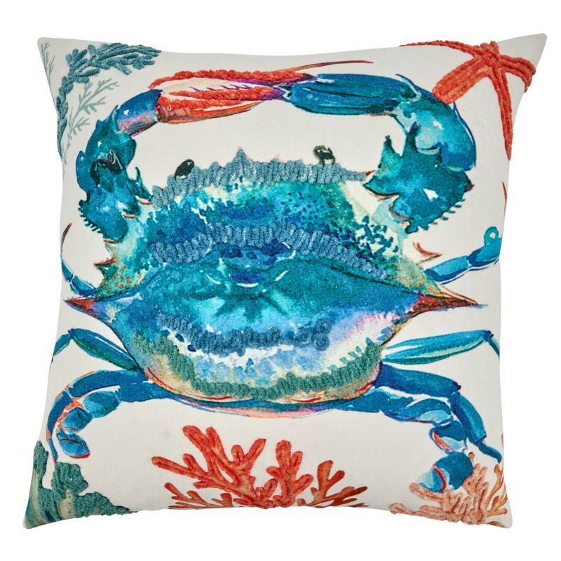 Whimsical Crab Design Cotton Throw Pillow Cover, Multi, 20"