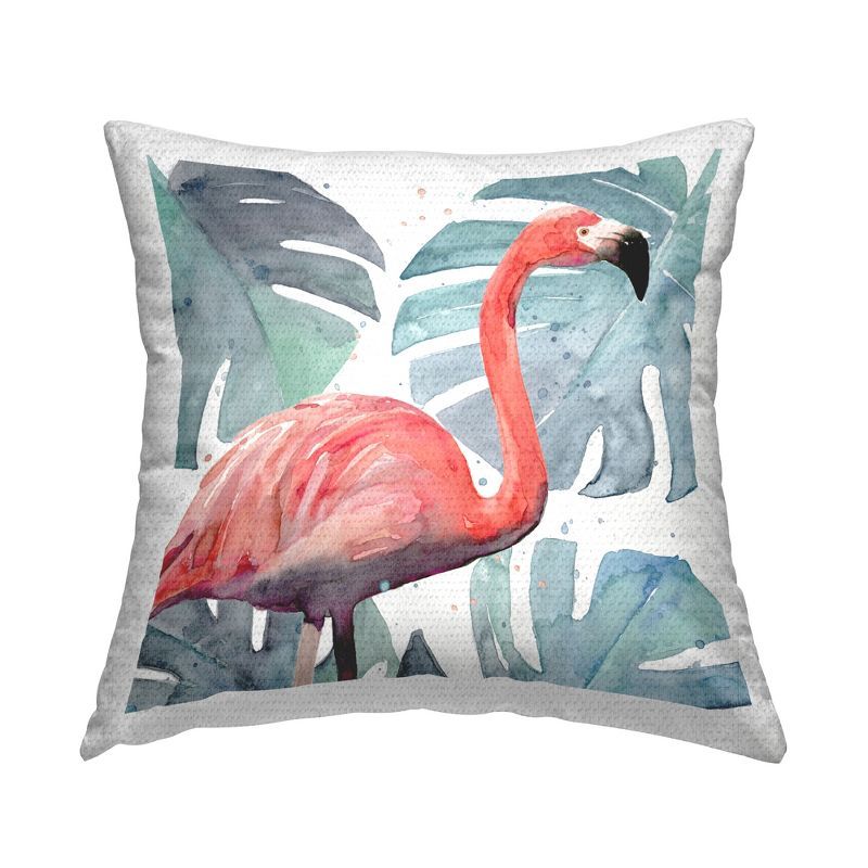 Tropical Flamingo and Green Palms Outdoor Pillow