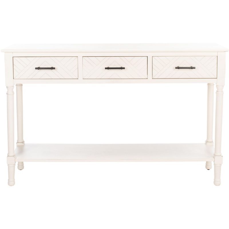 Distressed White Wooden Console Table with 3 Drawers and Storage Shelf