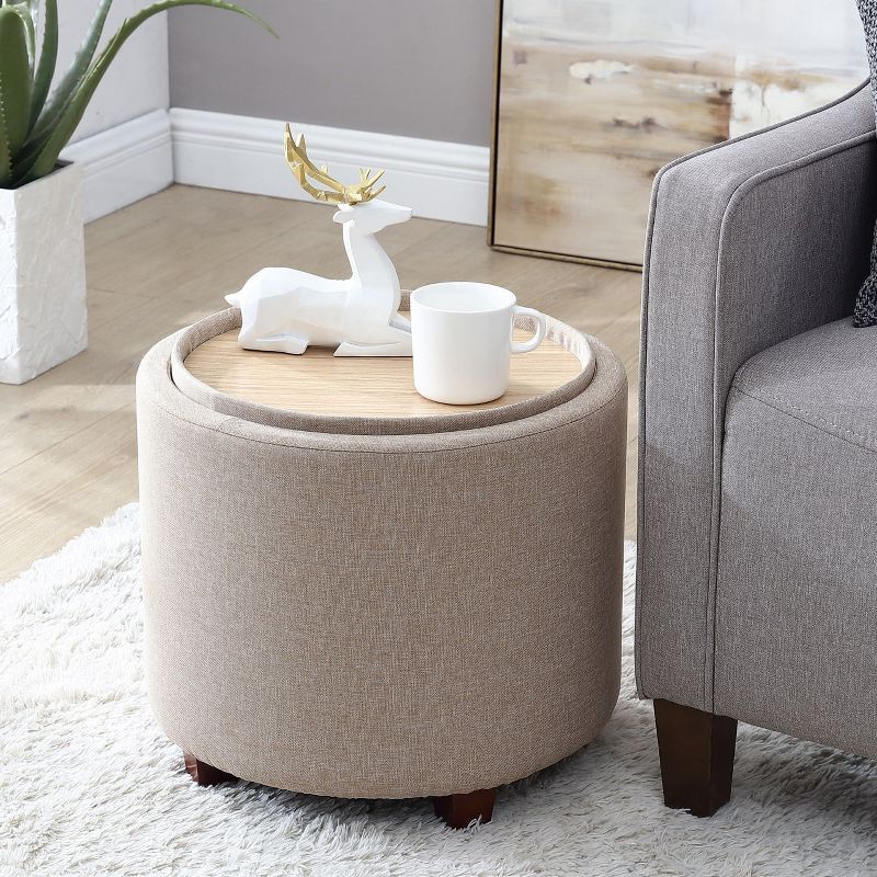 Linen Beige Round Storage Ottoman with Tray Top