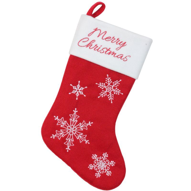 Red and White Embroidered Merry Christmas Stocking with Snowflakes