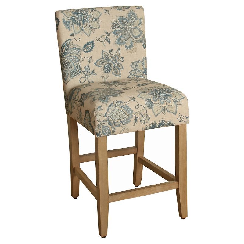 Lexie 24" Blue Floral Upholstered Counter Stool with Wood Legs