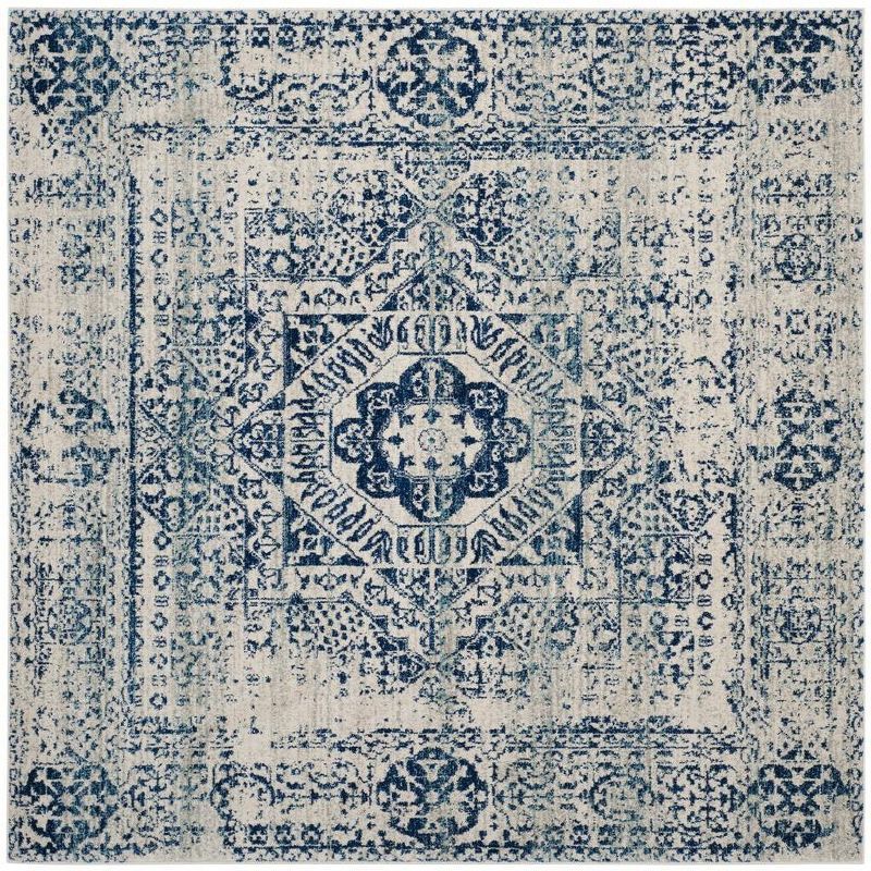 Navy and Ivory Square Synthetic Floral Area Rug