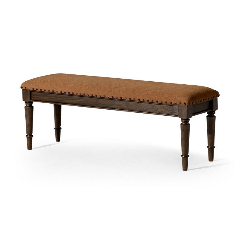 Elizabeth Traditional Brown Upholstered Wooden Bench with Nailhead Trim