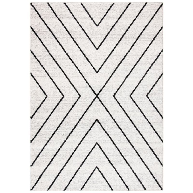 Ivory and Black Geometric 10' x 14' Washable Rug