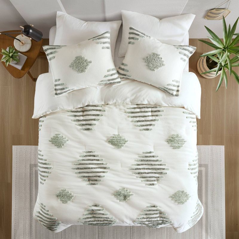 Ivory and Green Cotton Blend Chenille Full Comforter Set