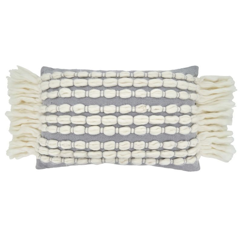 Grey and White Cotton Chunky Fringe Pillow Cover, 16" x 23"