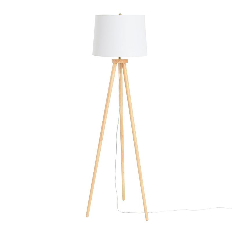 Natural Wood Tripod Floor Lamp with White Linen Shade