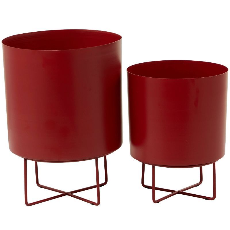 16" Red Metal Modern Indoor/Outdoor Planter Pots Set