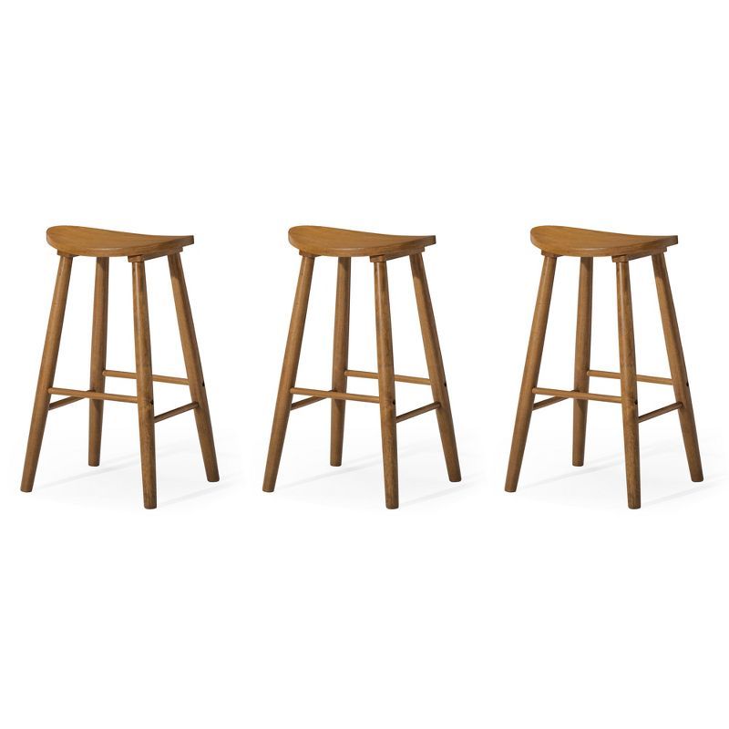 Rustic Natural Wood Backless Saddle Bar Stools, Set of 3