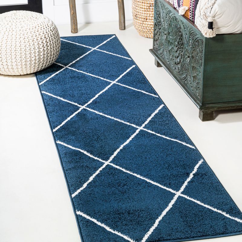 Navy and White Diamond Trellis Reversible Runner Rug